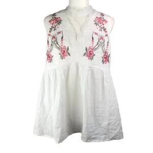 Women's White 100% Cotton Blouse Top Red Flowers Embroidered Size Medium